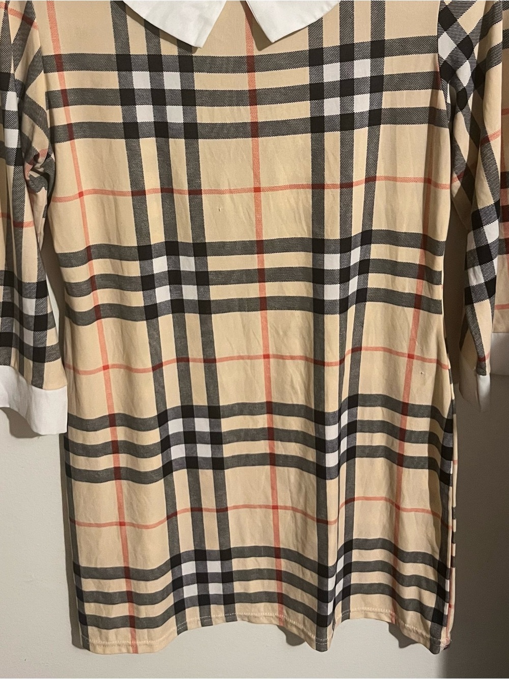 Beige Plaid Short Dress with White Collar